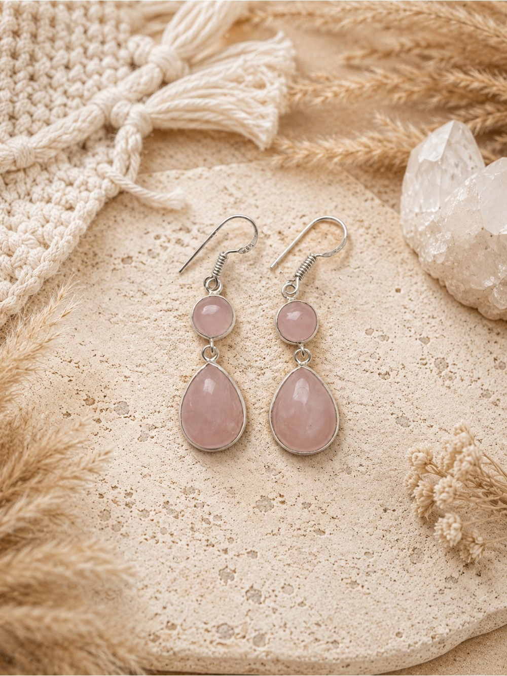 925 Silver Plated Long Rose Quartz Earrings